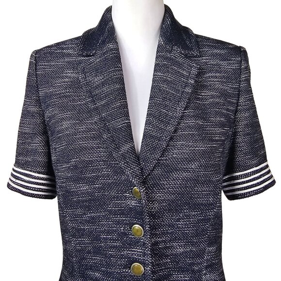 St. John Black & White Santana Knit Blazer Jacket Sz 6 Gold Button Nautical - Picture 4 of 12
